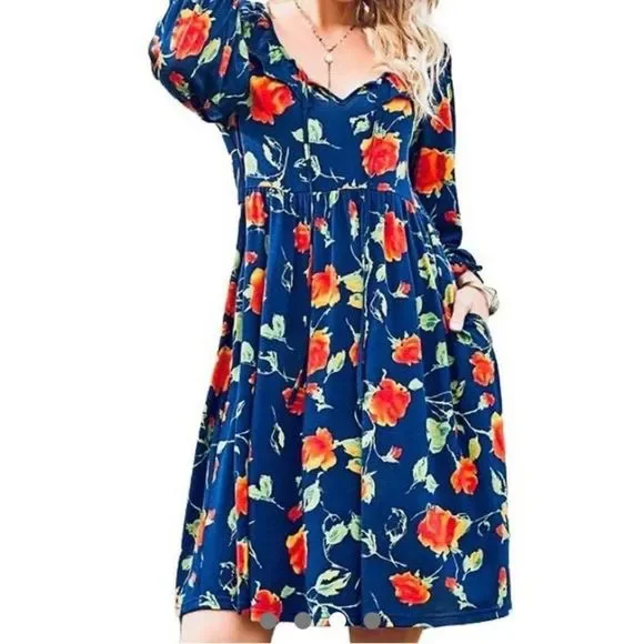 NEW Navy And Red Floral Dress With Ruffle & Empire Waist  - Size L - Picture 3 of 4